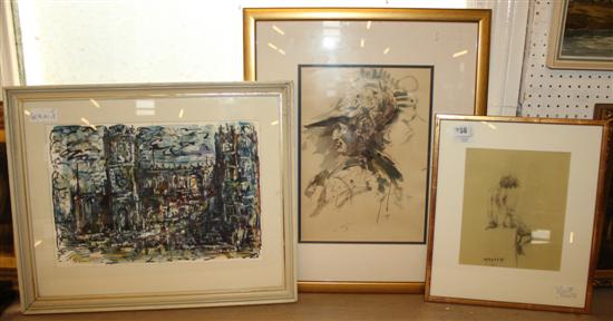 Watercolour gouache of gothic buildings, pen & ink grey wash, charcoal of young man(-)